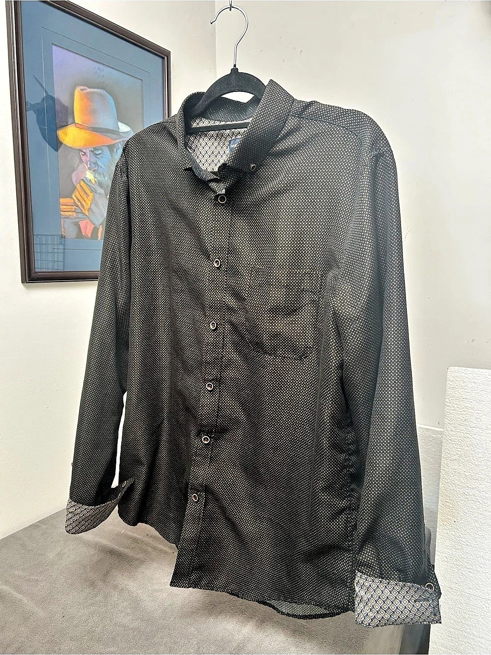 Rue st Patrick Montreal Geometric Button Down in Black white polka dots Large